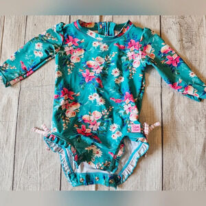Rufflebutts Baby Girl Size 6-12 month One Piece Blue And Pink Floral Swimsuit